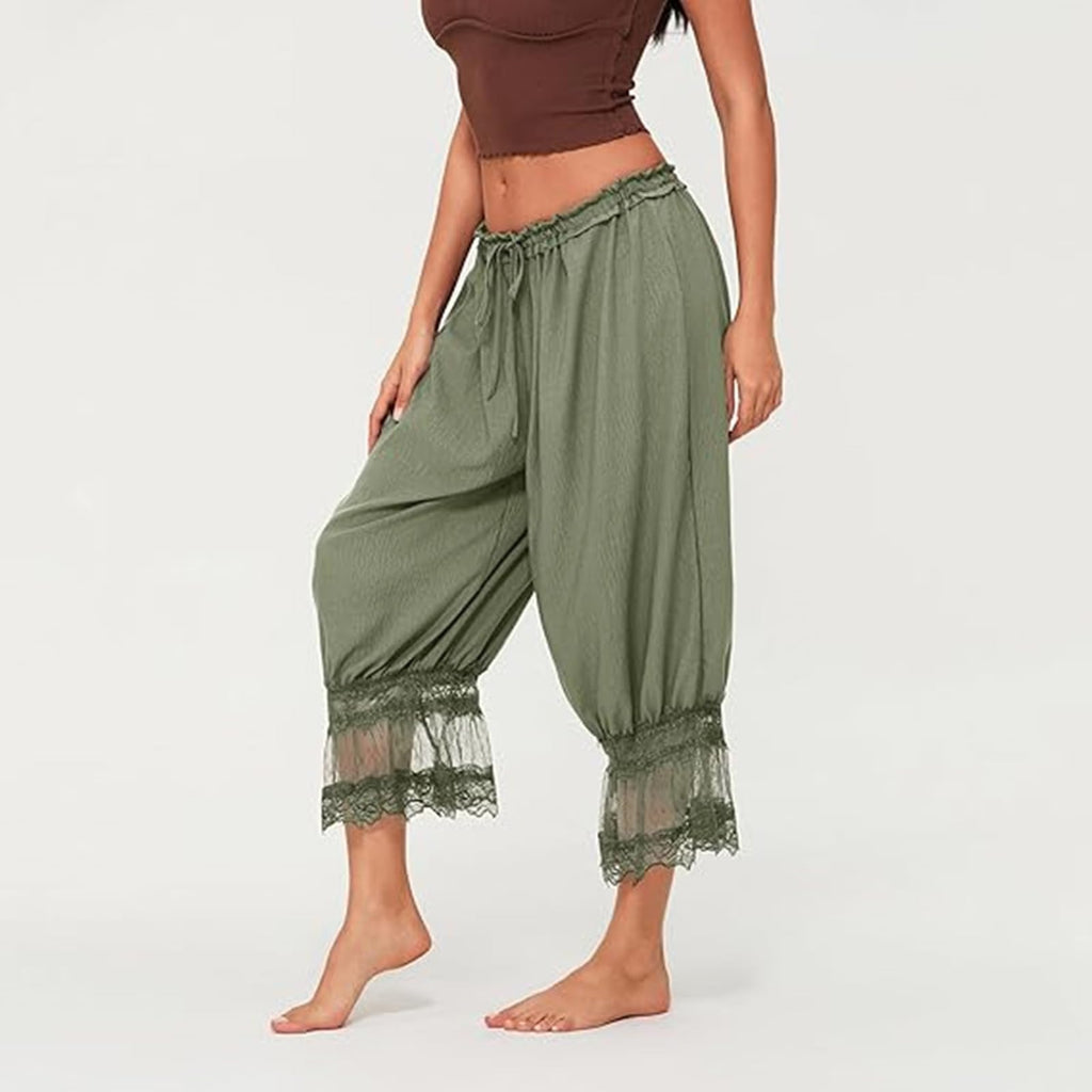 Women Bloomers Pants Y2K Flare Lace Trim Vintage Pantaloons Cute Ruffled Pumpkin Pants Capri Pajama Bottoms