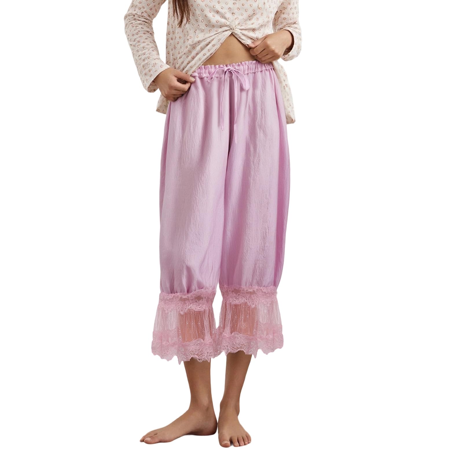 Women Bloomers Pants Y2K Flare Lace Trim Vintage Pantaloons Cute Ruffled Pumpkin Pants Capri Pajama Bottoms