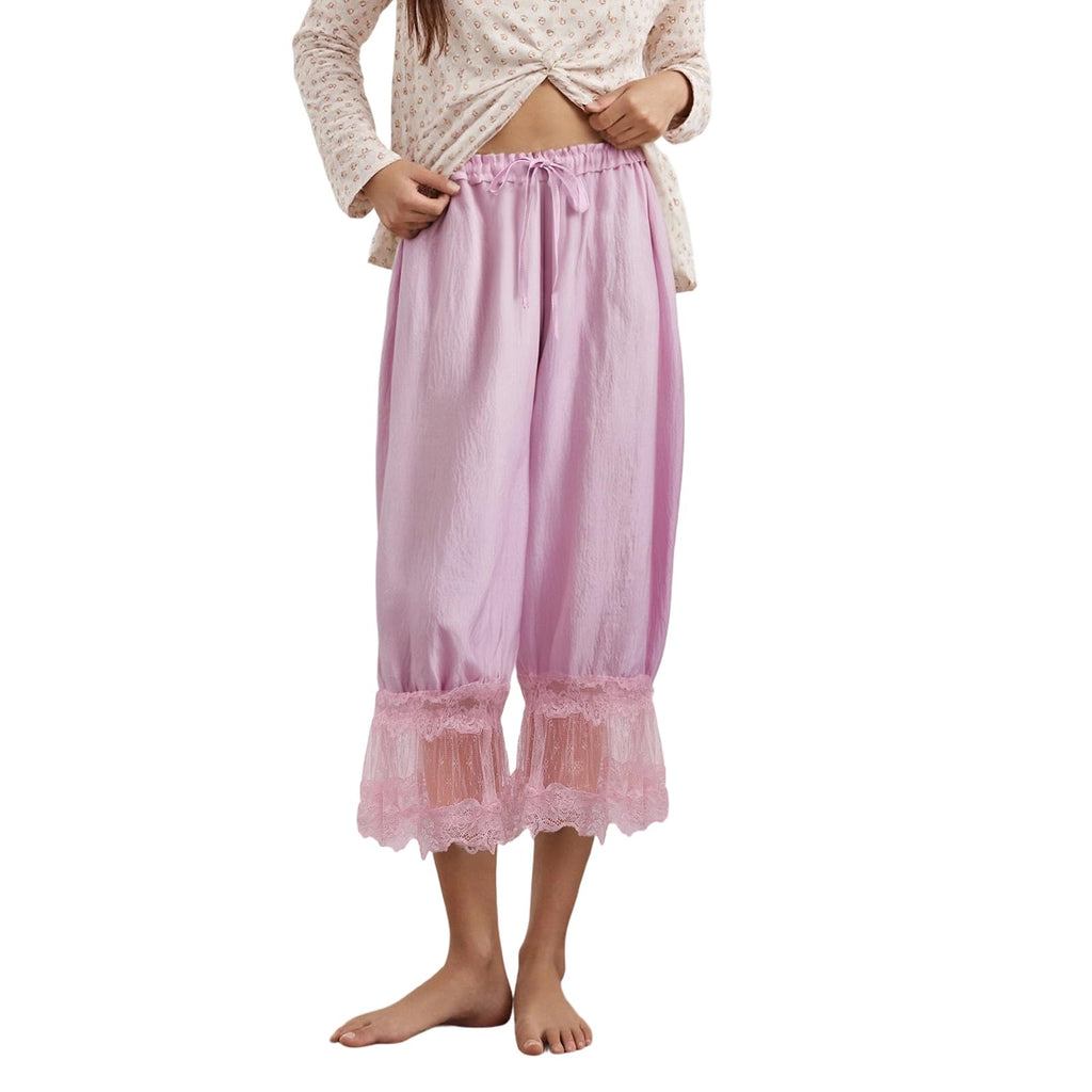 Women Bloomers Pants Y2K Flare Lace Trim Vintage Pantaloons Cute Ruffled Pumpkin Pants Capri Pajama Bottoms