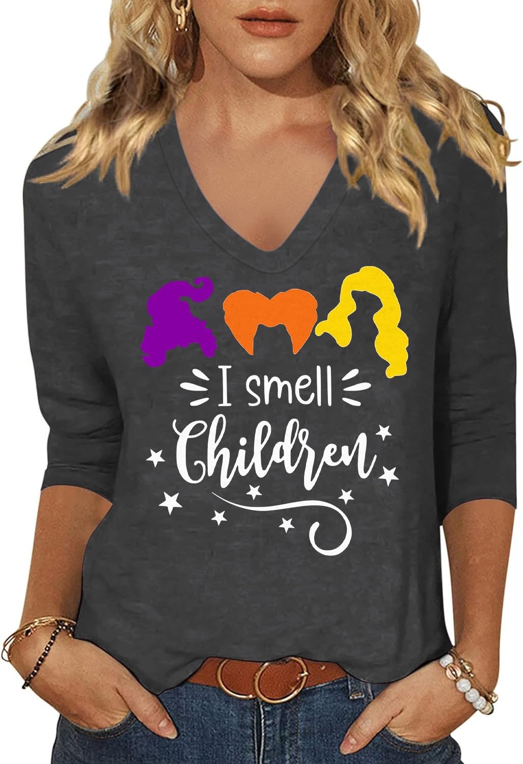 Women's Fall Halloween V Neck Shirt, Hocus Focus Graphic Tee | 3/4 Sleeve, Vintage, Funny Family Party Matching,Casual Holiday Tops,Spooky Season Tee