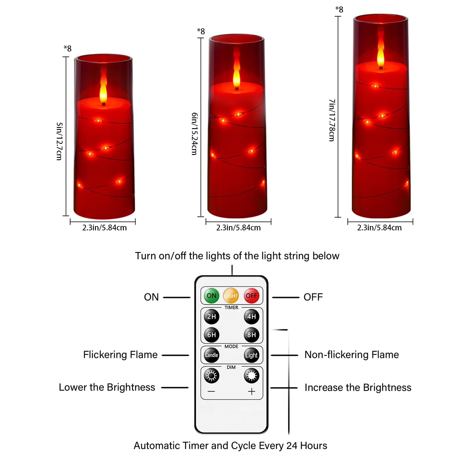 kakoya Flameless LED Candles with Timer 5 Pc Flickering Flameless Candles for Romantic Ambiance and Home Decoration Stable Acrylic Shell,with Embedded Star String，Battery Operated Candles（Red）