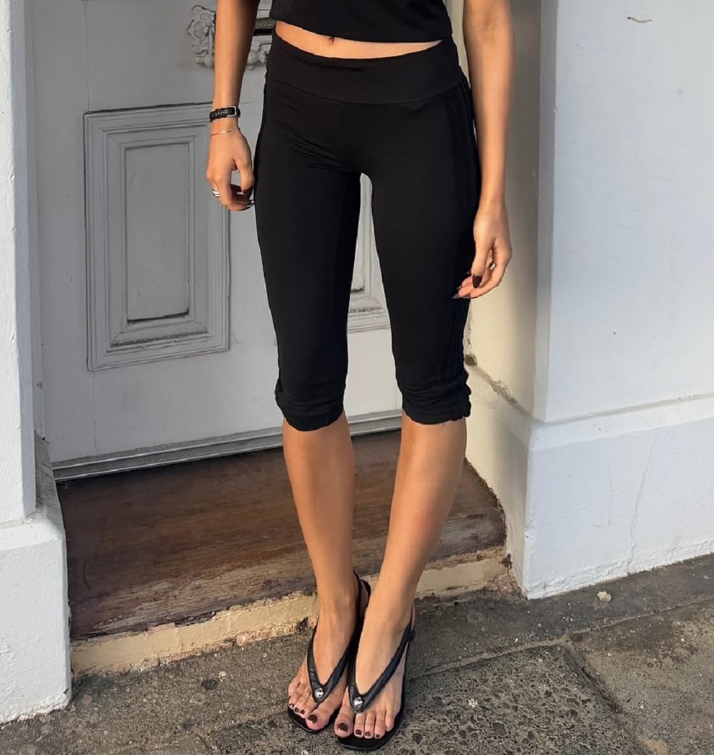 Women Y2k Low Rise Capris Button Grommet Foldover Capri Leggings Split Skinny Cropped Pants Going Out Capris Yoga Pants