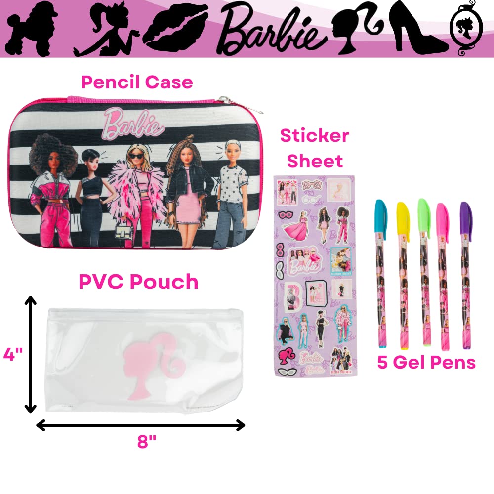 Innovative Designs Barbie Pencil Case Set with Stickers and Gel Pens for Kids, Molded with Zip Closure, Pink