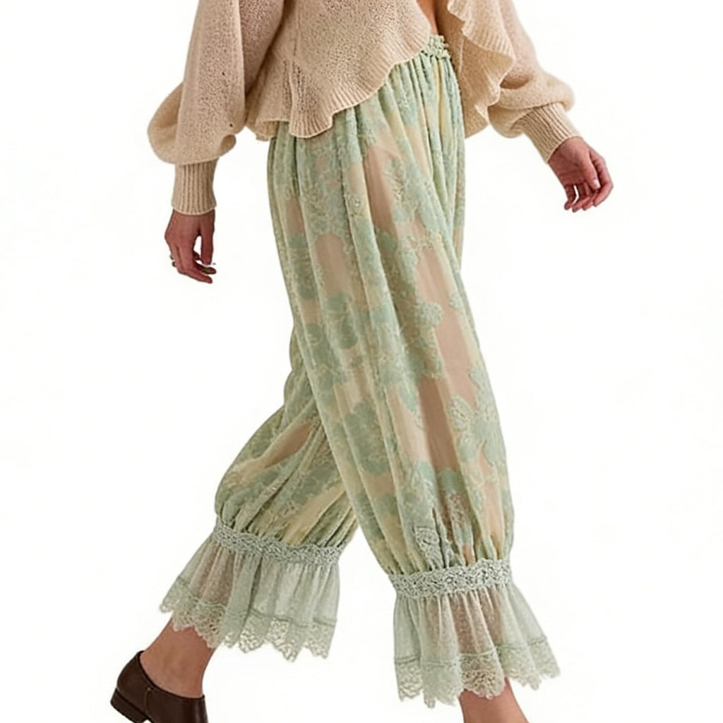 Women Lace Trim Long Bloomers Y2k Elastic Mid Rise Floral Ruffle Pantaloons Flared Slips Pants Pajama Bottoms