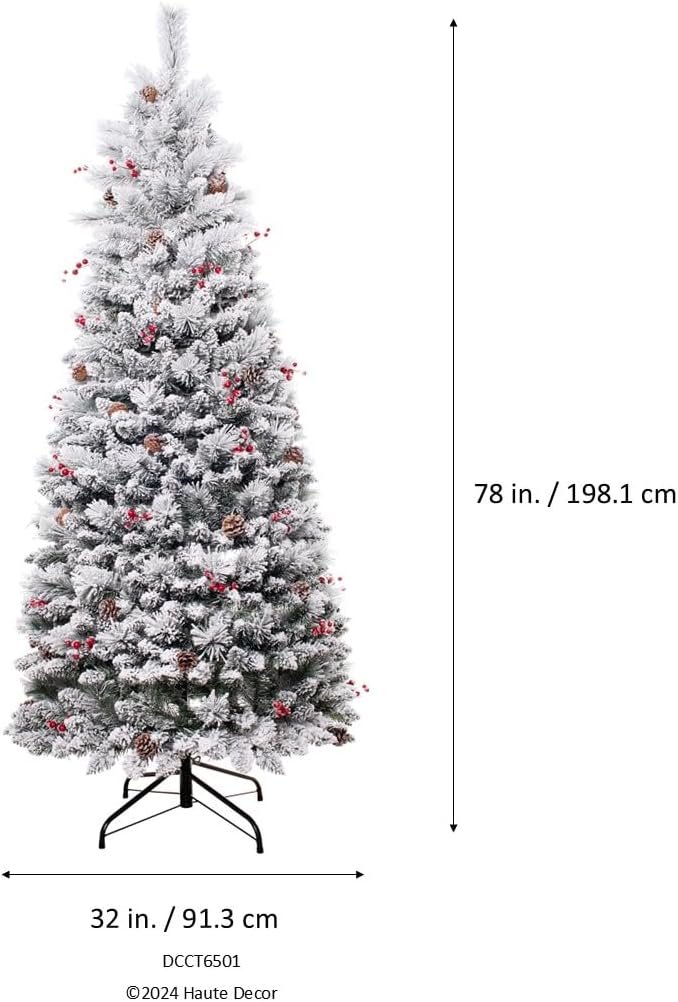 Haute Decor 6.5 Foot Pre-lit Newbury Flocked Easy Stow, Pop-Up, Pull-Up Artificial Fir Christmas Tree with 300 Warm White LED Lights and Included Storage Bag