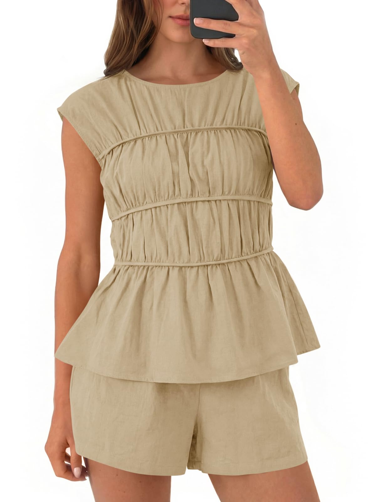Tankaneo Womens Summer Smocked 2 Piece Short Sets Cap Sleeve Babydoll Peplum Blouse Casual Matching Set Vacation Outfits