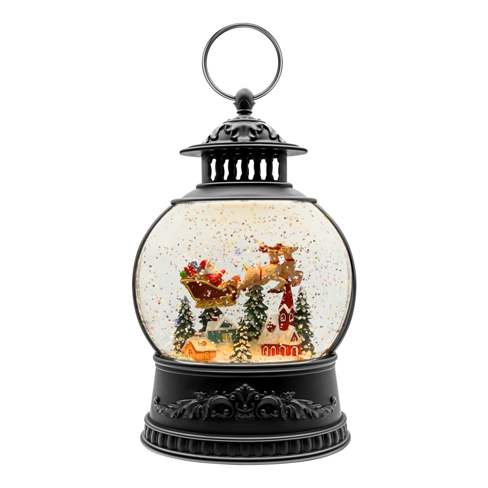 Christmas Snow Globe Candle Lantern with Snowman & Reindeer, Vintage-Style LED with Glitter Swirl & 6H Timer, Battery Operated (3×AA) Holiday Decoration for Tabletop & Mantel