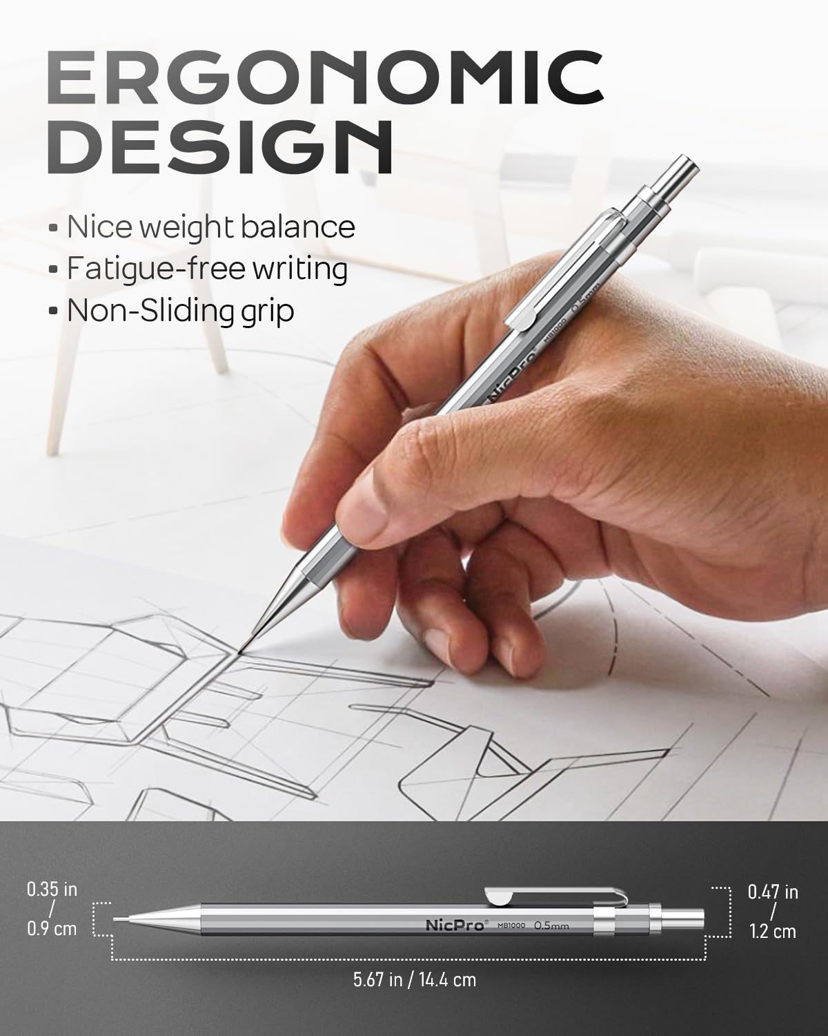 Nicpro 4 Pack Mechanical Pencil 0.7mm with Case, MB1000 Metal Mechanical Pencil Set with 6 Tube HB #2 Lead Refill 0.7 mm, 3PCS 4B Eraser, 9 Cap Eraser for Artist Drafting Writing, Sketching, Drawing