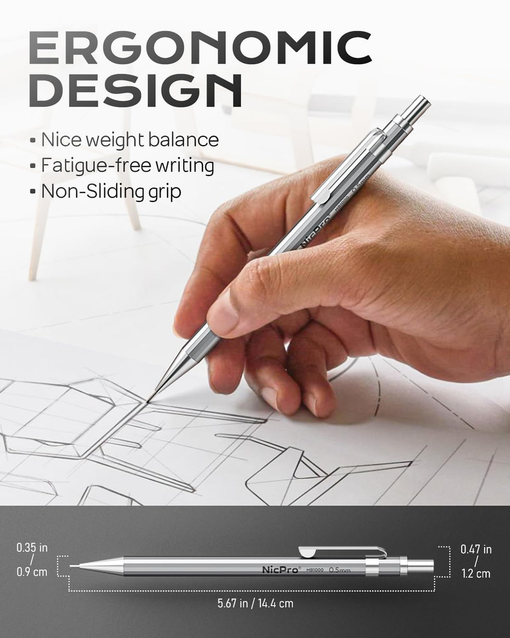 Nicpro 4 Pack Mechanical Pencil 0.7mm with Case, MB1000 Metal Mechanical Pencil Set with 6 Tube HB #2 Lead Refill 0.7 mm, 3PCS 4B Eraser, 9 Cap Eraser for Artist Drafting Writing, Sketching, Drawing