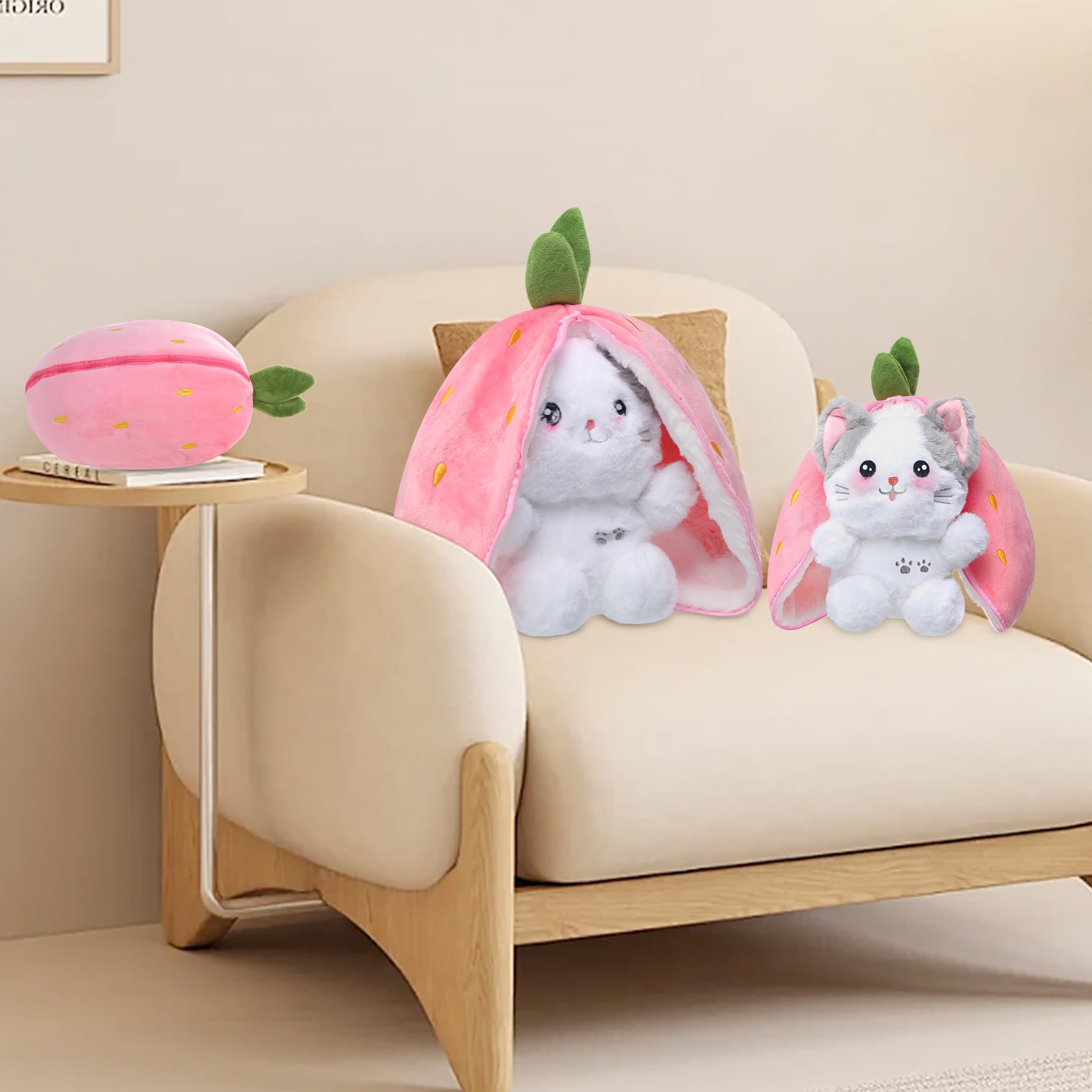 MIAODAM Bunny Stuffed Animal Reversible Cuddle Bunny Stuffed,Strawberry Bunny Transformed Rabbit Plush Zipper,Turns Into Ears Bunnies Plushies Toy Cute Stuffy Doll Easter