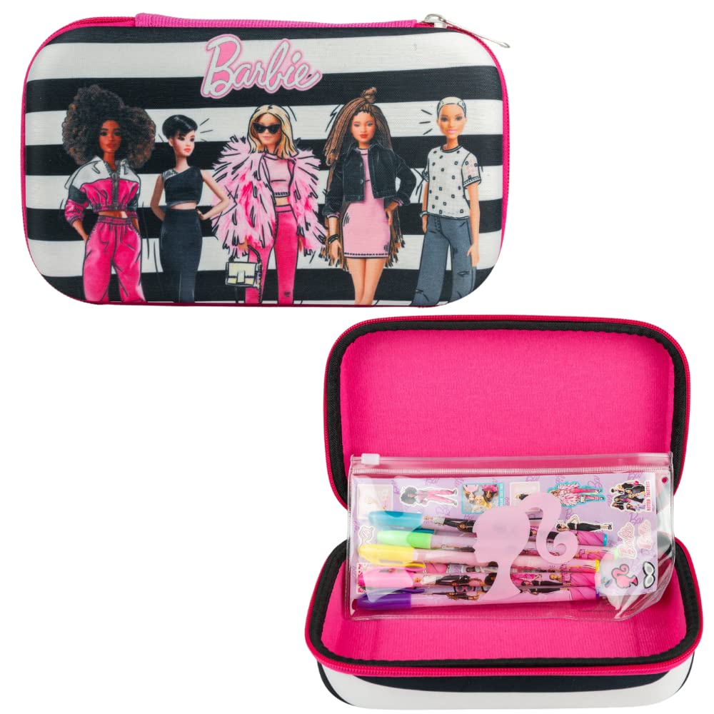 Innovative Designs Barbie Pencil Case Set with Stickers and Gel Pens for Kids, Molded with Zip Closure, Pink
