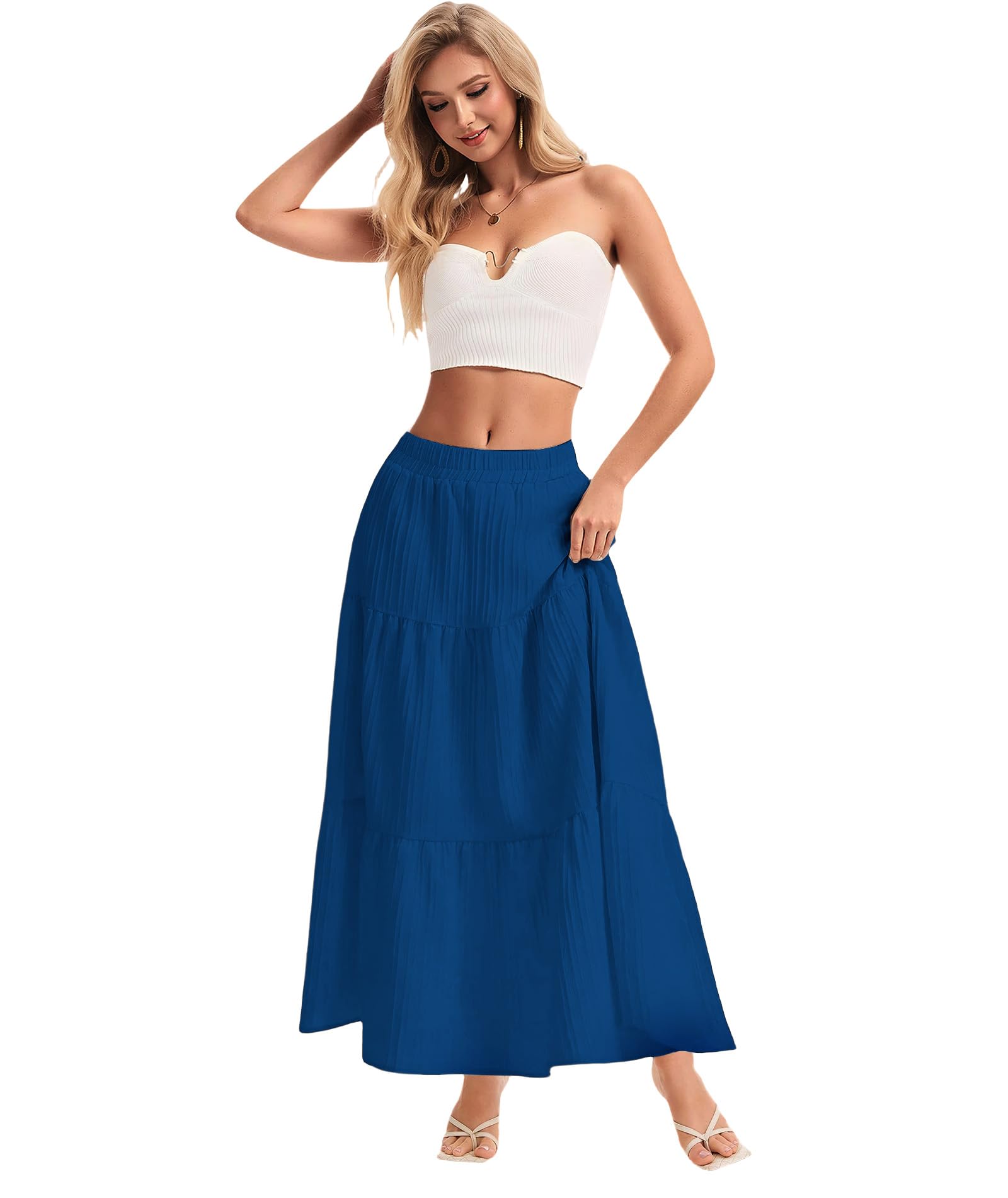 Womens Maxi Skirt Boho Long Flowy Skirts Trendy Summer 2026 Tiered Ruffle Skirt A Line Casual Beach Vacation Dress