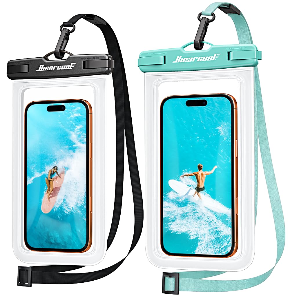 Hiearcool Waterproof Phone Pouch, IPX8 Waterproof Phone Case for iPhone 17/16/15/14 Pro Max, Cell Phone Dry Bag for Beach & Cruise Essentials, Touch Screen, Lanyard Included, 2 Pack (Fits Up to 8.9”)
