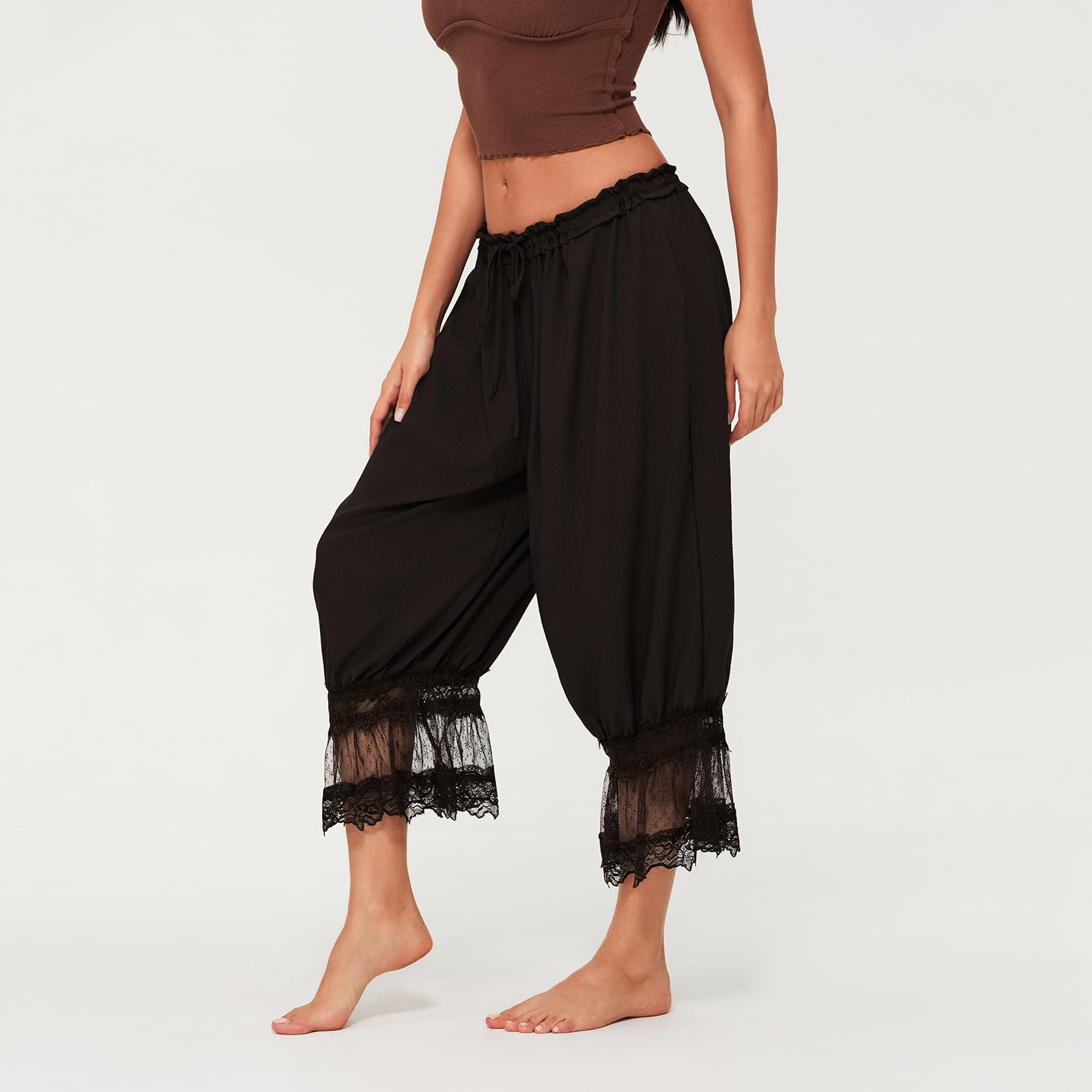 Women Lace Trim Long Bloomers Y2k Elastic Mid Rise Floral Ruffle Pantaloons Flared Slips Pants Pajama Bottoms