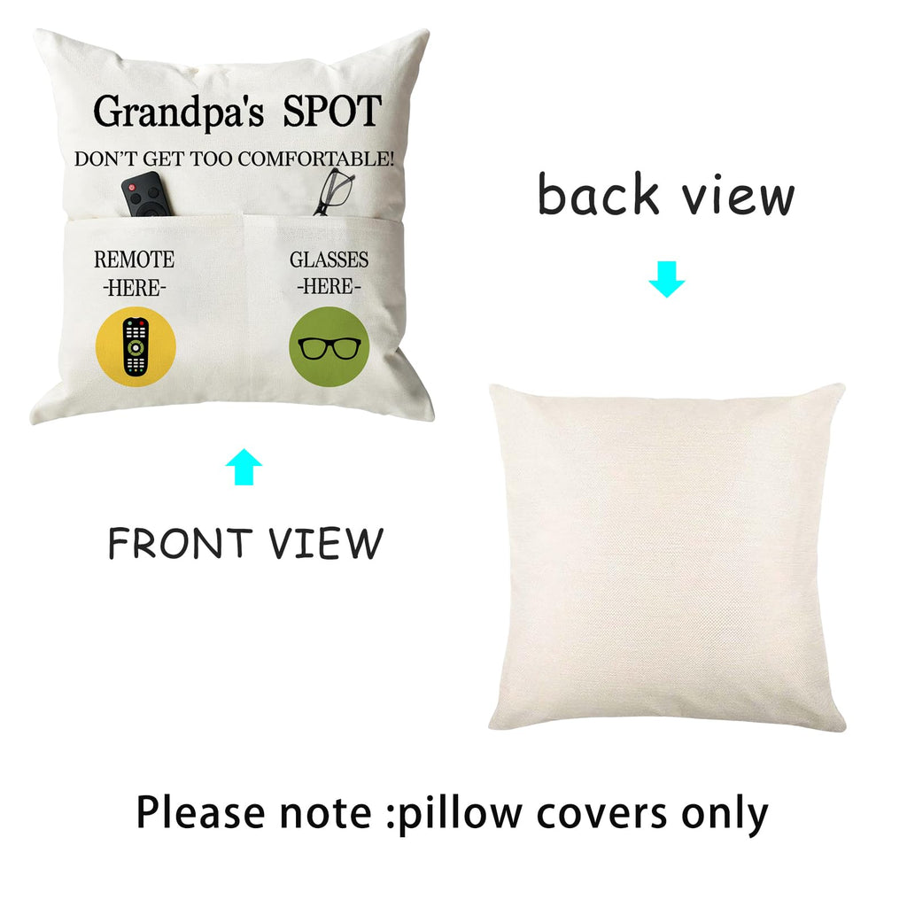 ONFAON Grandpa Gifts,Grandpa's Spot Throw Pillow Covers 18x18 Inch,Put Phone Glasses and Remote Control Pillowcase,Birthday Christmas Thanksgiving Day Gifts for Grandpa Stepdad,3-Pocket
