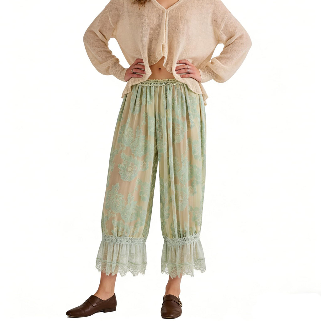 Women Lace Trim Long Bloomers Y2k Elastic Mid Rise Floral Ruffle Pantaloons Flared Slips Pants Pajama Bottoms