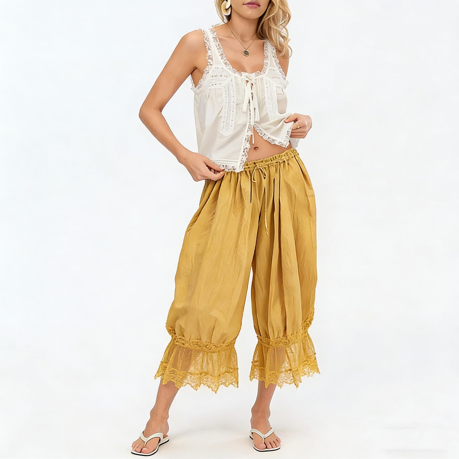 Women Bloomers Pants Y2K Flare Lace Trim Vintage Pantaloons Cute Ruffled Pumpkin Pants Capri Pajama Bottoms