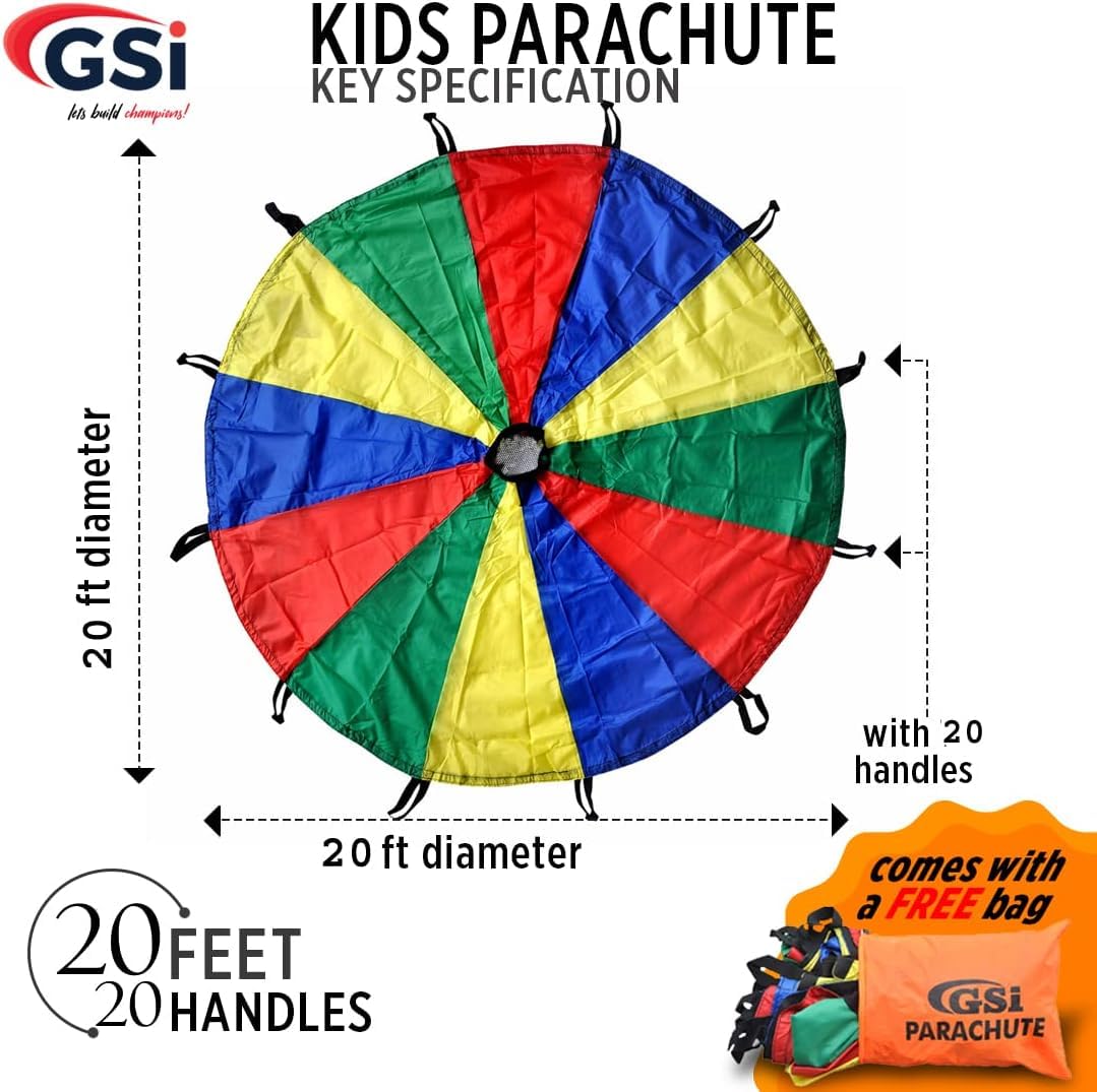 GSi Kids Play Parachute Rainbow Parachute Toy Tent Game for Children Gymnastics Cooperative Play and Outdoor Playground Activities (12 Feet)