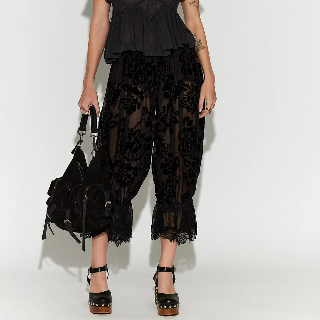Women Lace Trim Long Bloomers Y2k Elastic Mid Rise Floral Ruffle Pantaloons Flared Slips Pants Pajama Bottoms