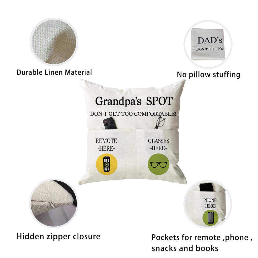 ONFAON Grandpa Gifts,Grandpa's Spot Throw Pillow Covers 18x18 Inch,Put Phone Glasses and Remote Control Pillowcase,Birthday Christmas Thanksgiving Day Gifts for Grandpa Stepdad,3-Pocket