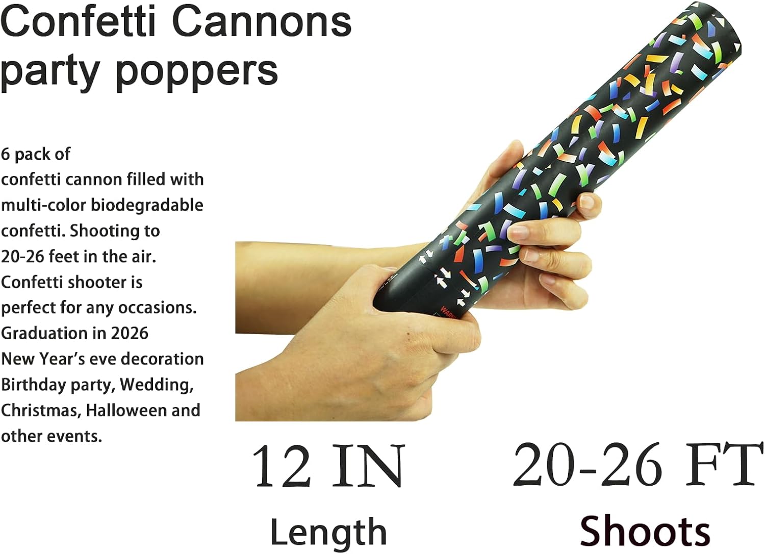 Biodegradable Confetti Cannon 6 Pack Multicolor Party Popper Shooters,12 Inch Large Confetti Cannon for Wedding Celebration Birthday Celebration Baby Shower Decorations Christmas New Year Graduation