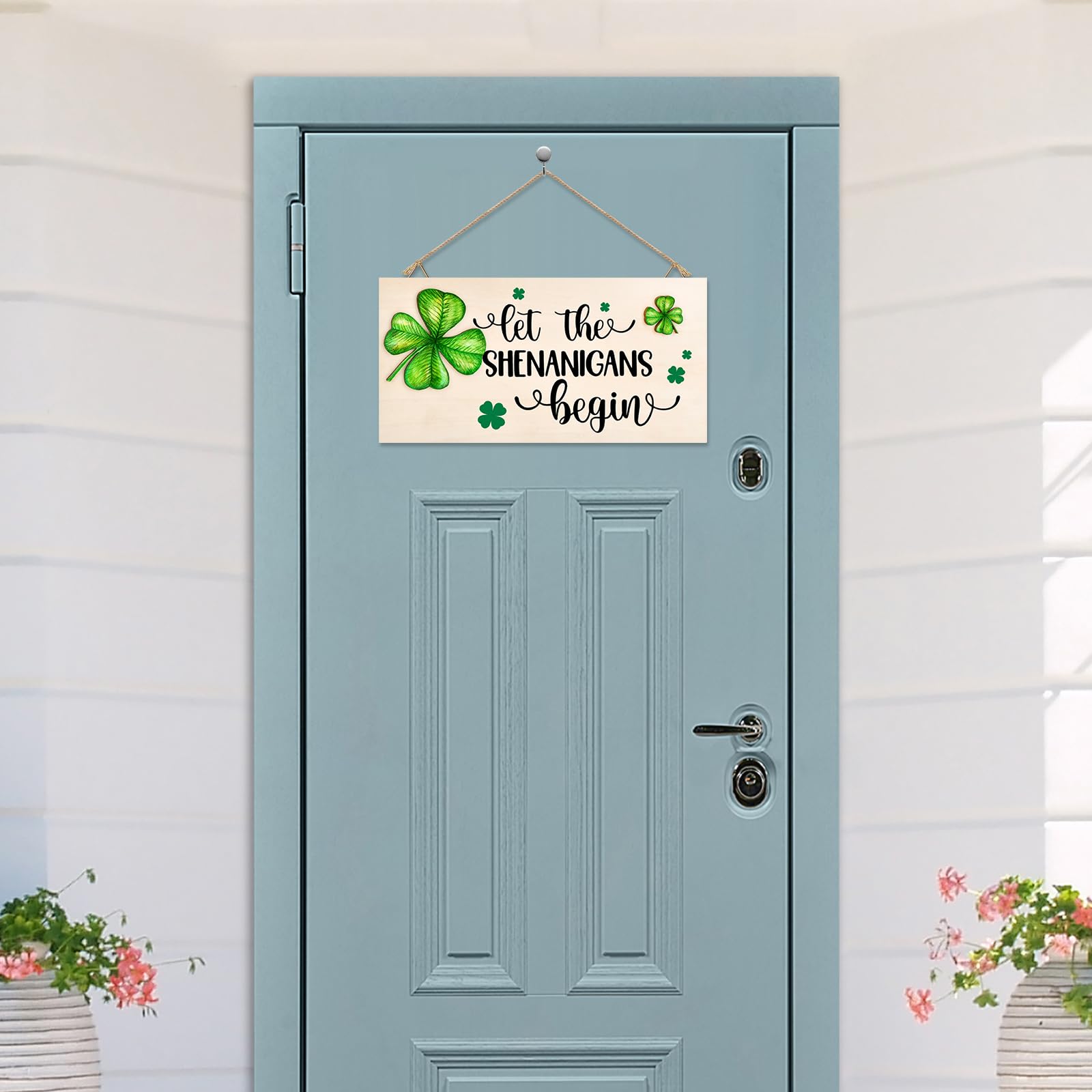 St Patricks Day Decorations Wood Sign with Two 3D Leaves Let the Shenanigans Begin Hanging Wooden Decor Lucky Shamrock Signs for Outdoor Home Door Rustic Farmhouse Party Indoor Wall Art Plaque Gift