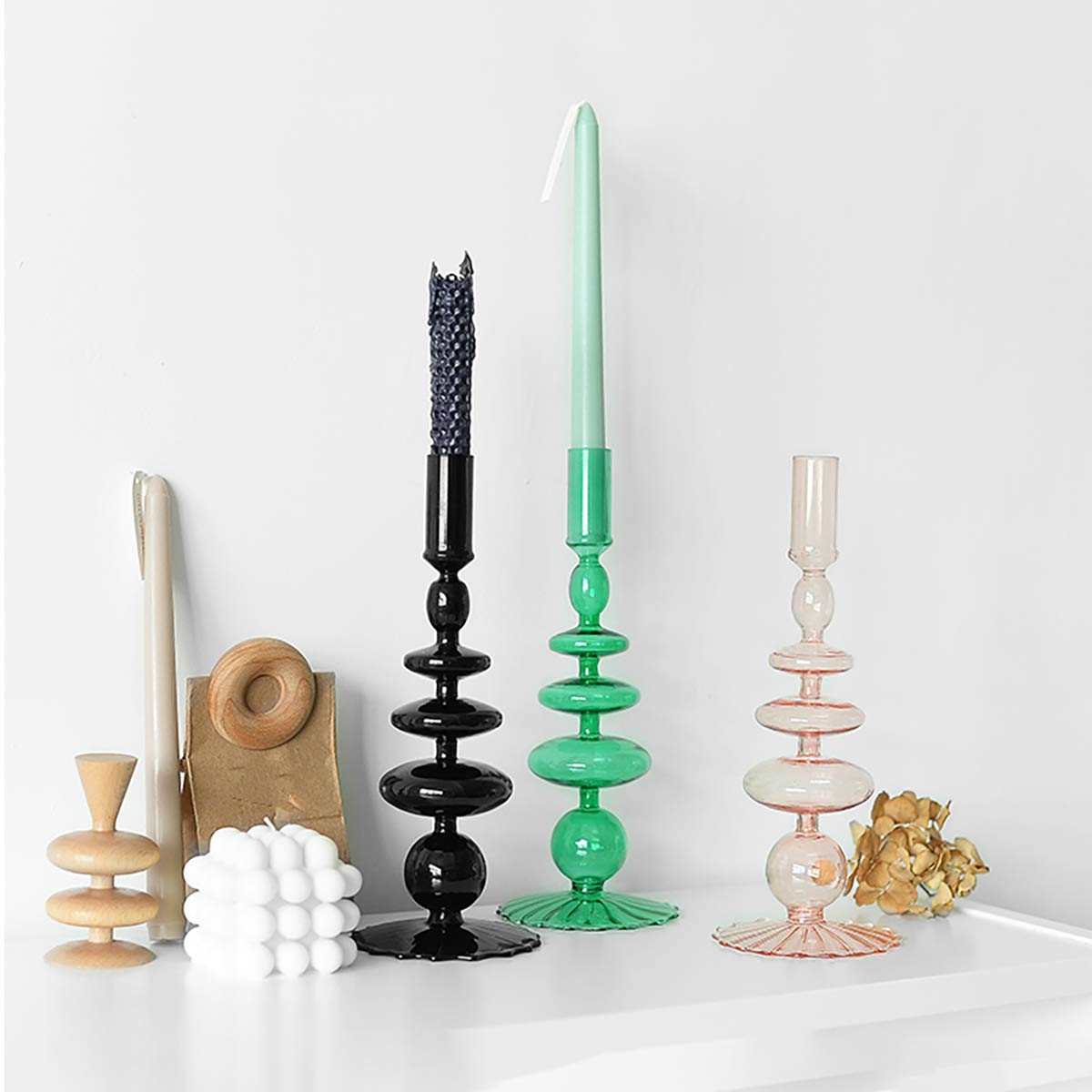 Glass Candlesticks Holders, Retro Glass Candle Holder for Taper Candle Table Centerpiece Wedding Party Home Decoration, Oliver Green