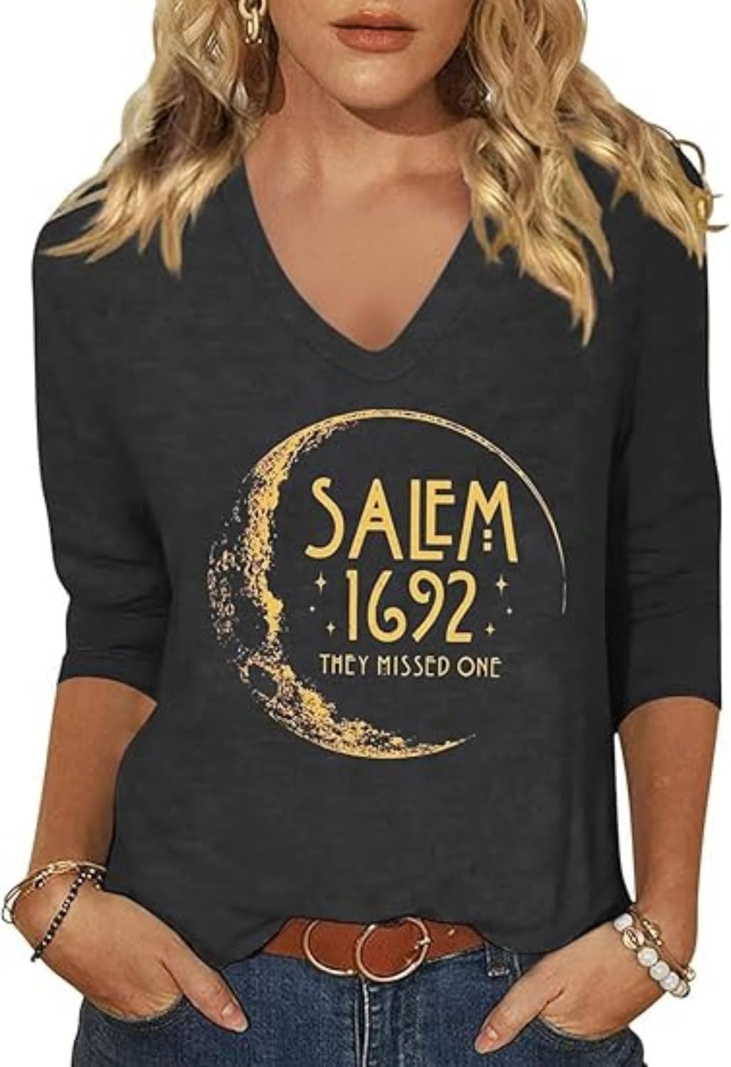 Women's Fall Halloween V Neck Shirt, Hocus Focus Graphic Tee | 3/4 Sleeve, Vintage, Funny Family Party Matching,Casual Holiday Tops,Spooky Season Tee