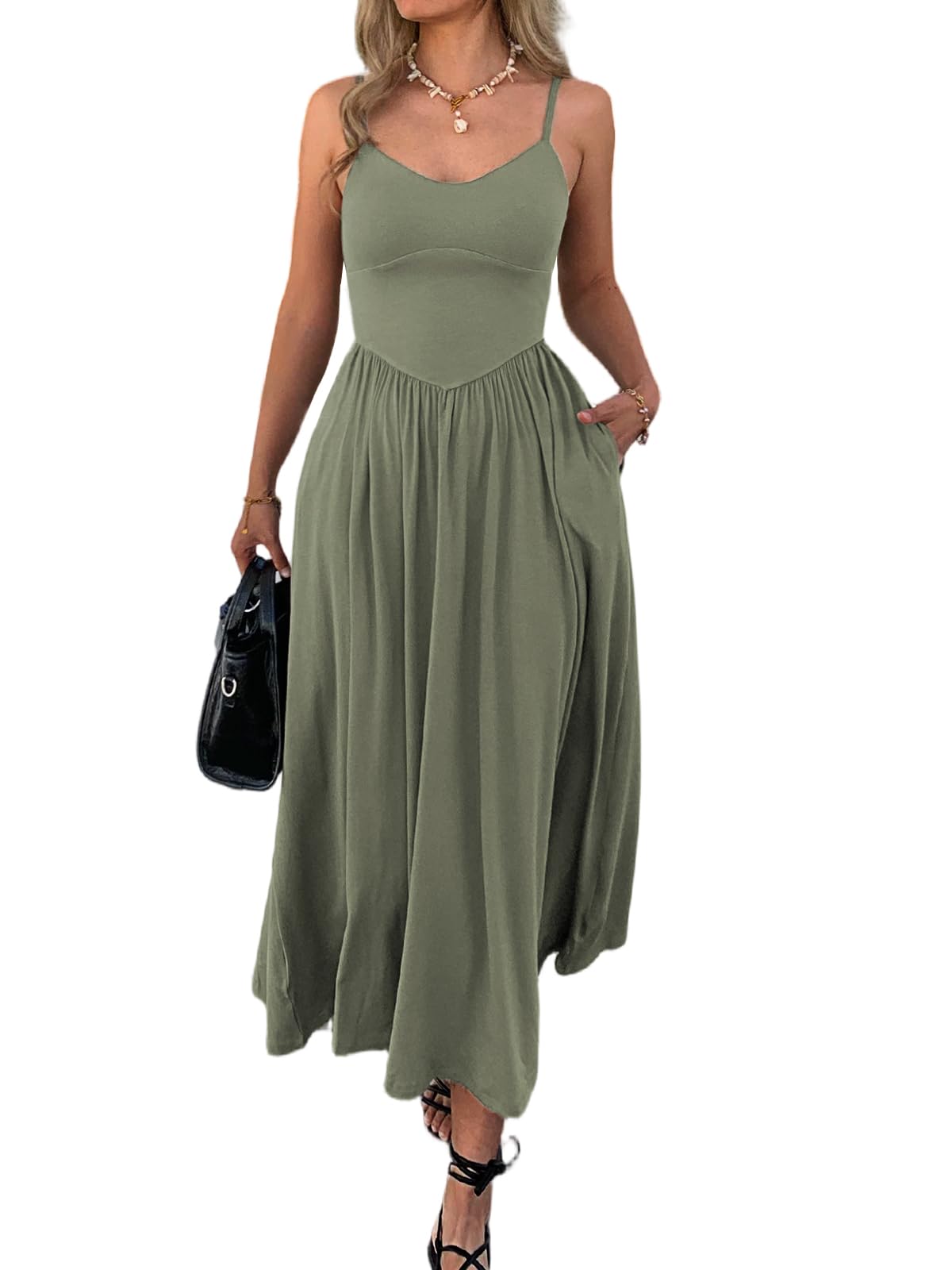 Womens Spaghetti Strap Maxi Dresses Summer Casual Sleeveless A Line Long Flowy Dress with Pockets Beach Sundresses