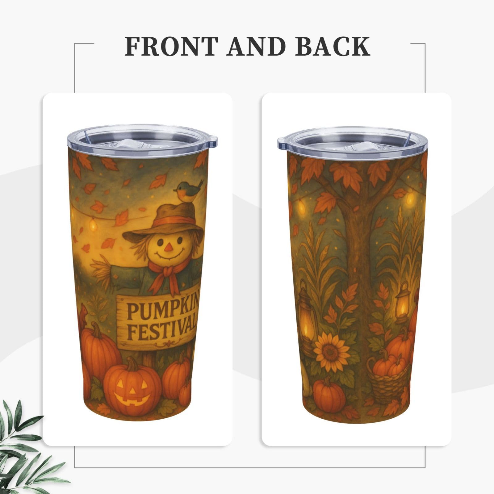 Fall Tumbler with Lid and Straw - 20oz Pumpkin Festival Coffee Tumbler Insulated Stainless Steel Mug, Autumn Harvest Scarecrow Cup, Thanksgiving Travel Mug, Fall Gifts for Women