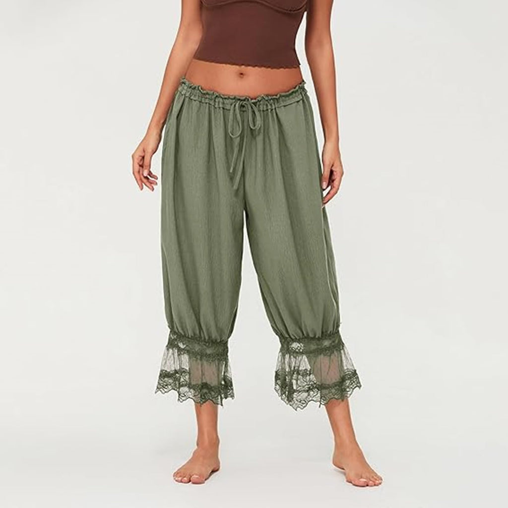 Women Bloomers Pants Y2K Flare Lace Trim Vintage Pantaloons Cute Ruffled Pumpkin Pants Capri Pajama Bottoms