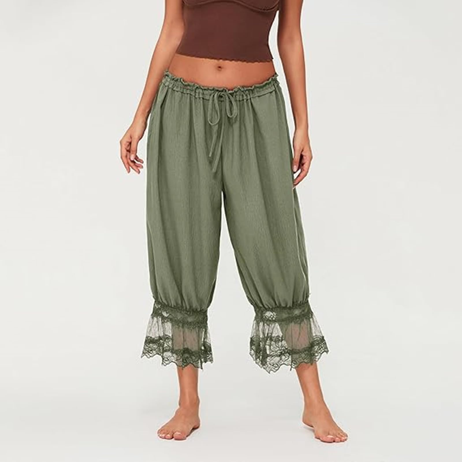 Women Bloomers Pants Y2K Flare Lace Trim Vintage Pantaloons Cute Ruffled Pumpkin Pants Capri Pajama Bottoms