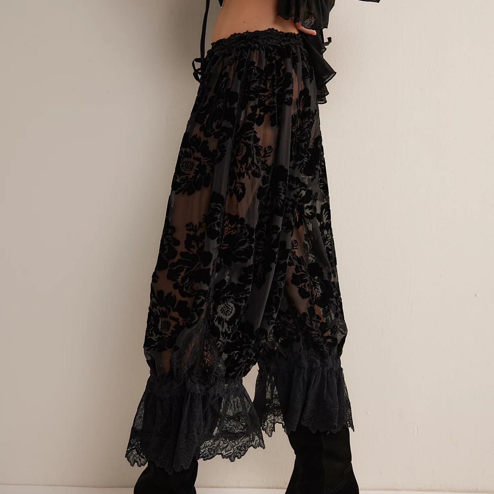 Women Lace Trim Long Bloomers Y2k Elastic Mid Rise Floral Ruffle Pantaloons Flared Slips Pants Pajama Bottoms