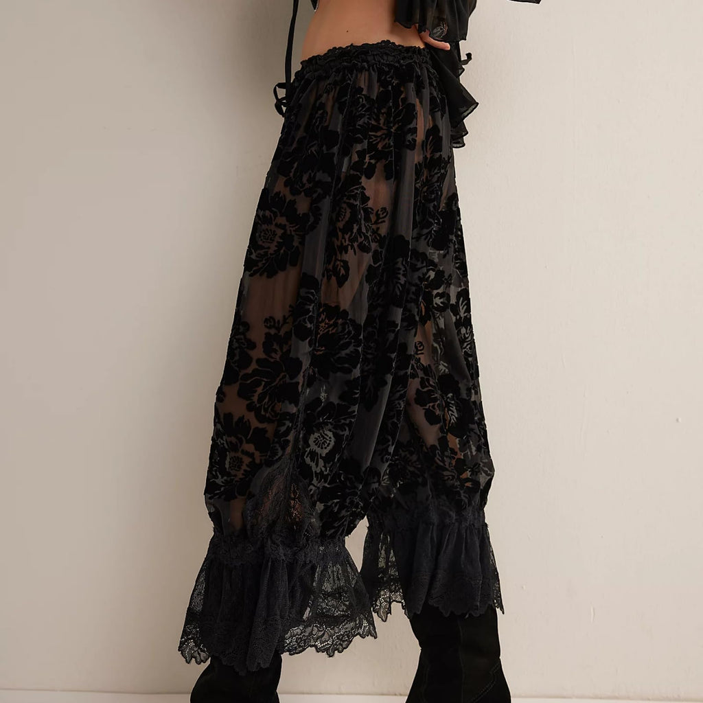 Women Lace Trim Long Bloomers Y2k Elastic Mid Rise Floral Ruffle Pantaloons Flared Slips Pants Pajama Bottoms