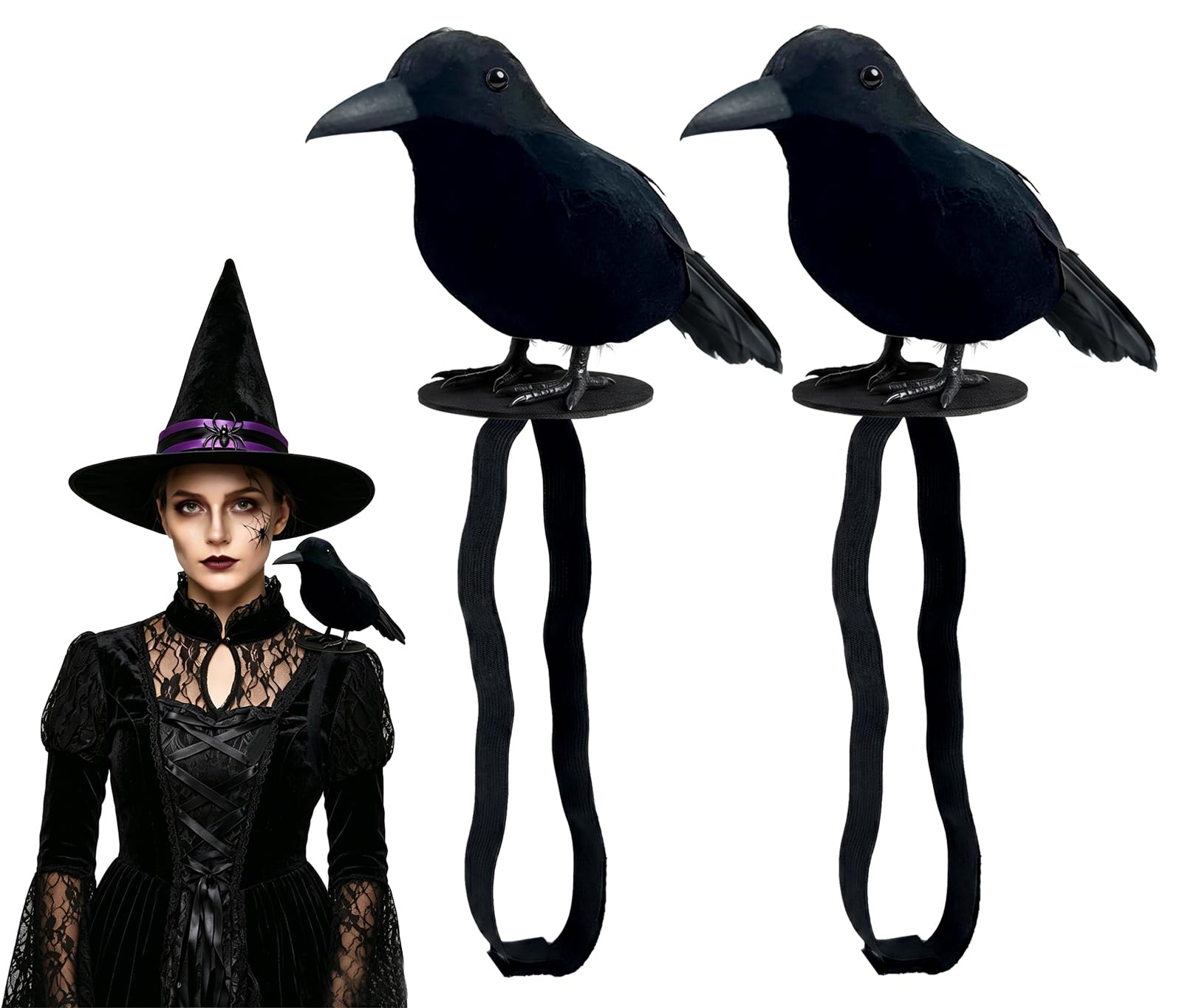 Black Feathered Crow Statue Crow on Shoulder with Elastic Strap for Outdoor Bird Props Halloween Cosplay Party