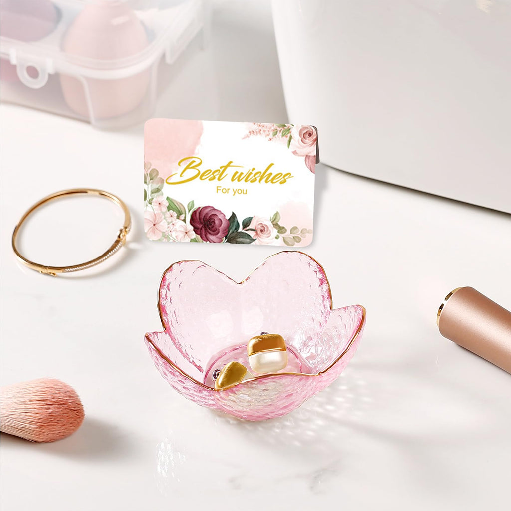 Purple Flower Jewelry Dish Glass Ring Holder Dish Jewelry Tray Cute Vanity Organizer Aesthetic Nightstand Bathroom Room Decor Trinket Dish Mothers Day Friendship Christmas Birthday Gifts for Women