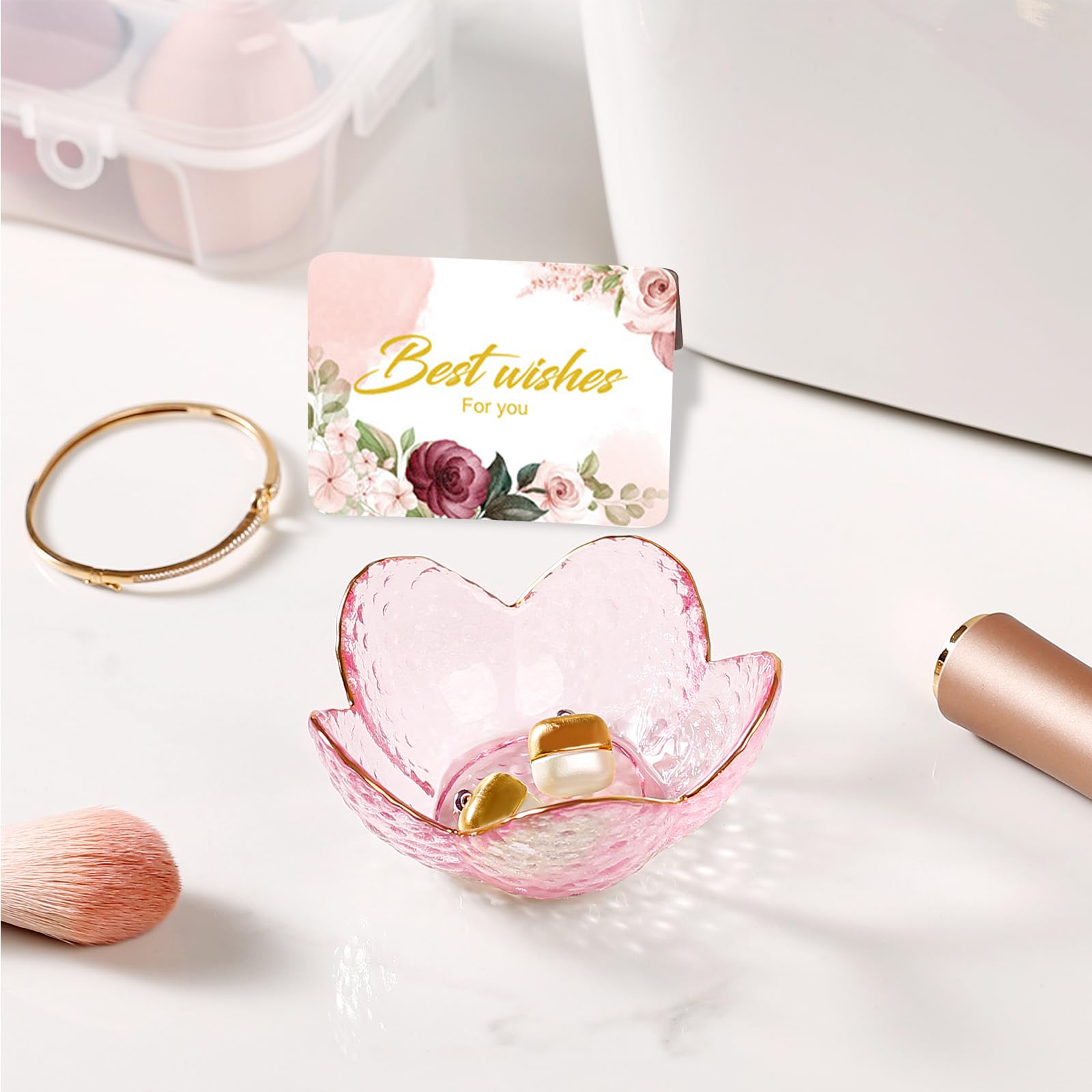Purple Flower Jewelry Dish Glass Ring Holder Dish Jewelry Tray Cute Vanity Organizer Aesthetic Nightstand Bathroom Room Decor Trinket Dish Mothers Day Friendship Christmas Birthday Gifts for Women