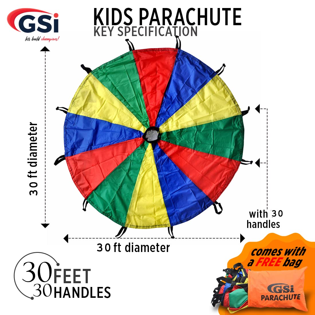 GSi Kids Play Parachute Rainbow Parachute Toy Tent Game for Children Gymnastics Cooperative Play and Outdoor Playground Activities (12 Feet)