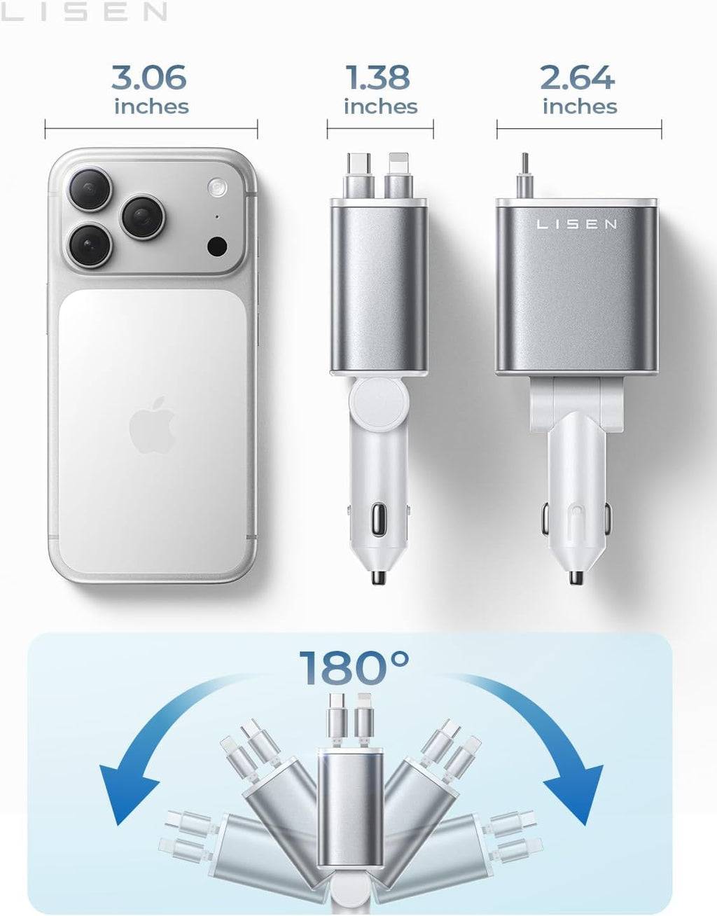 LISEN Retractable Car Charger, 84W Car Charger USB C Fast Charger Adapter for iPhone, Car Accessories for Men Women, Gifts for Fathers Day for Men Dad Husband, for iPhone 17 16 15 14 13 12 11 Samsung