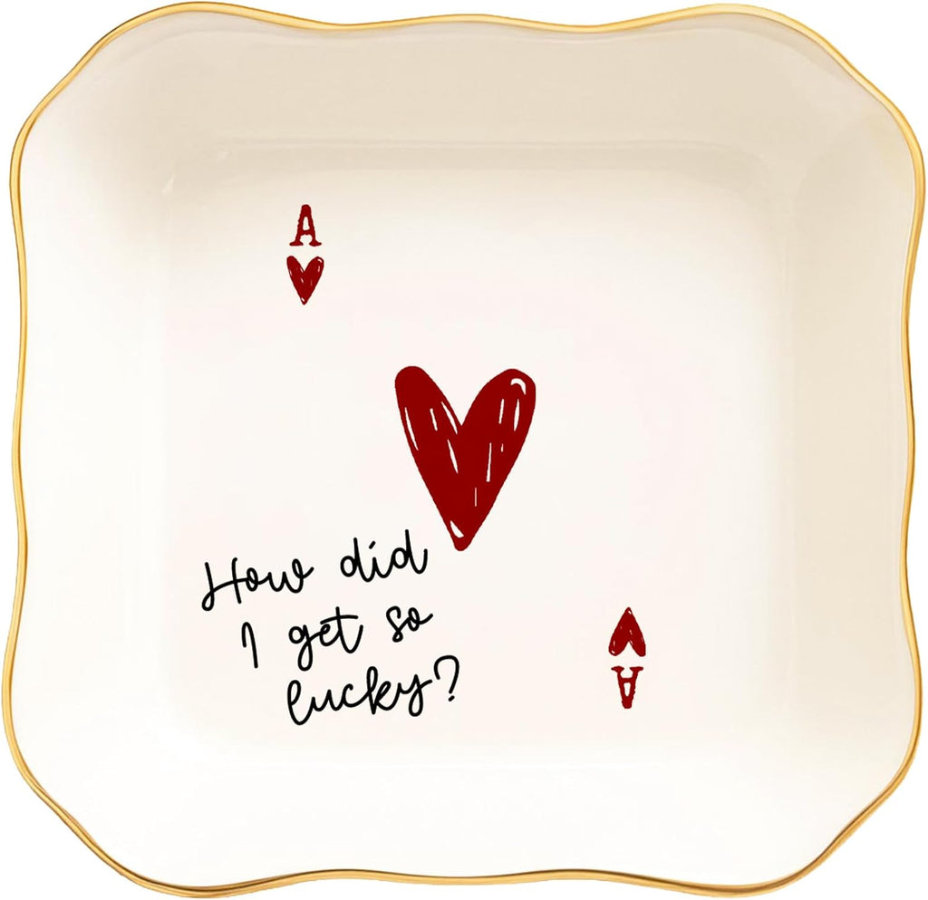 Funny Love Jewelry Dish with Heart Playing Card – “How Did I Get So Lucky?” Romantic Trinket Dish for Couples – Cute Anniversary, Valentine’s Day, Wedding Gift for Wife, Husband, Girlfriend, Boyfriend