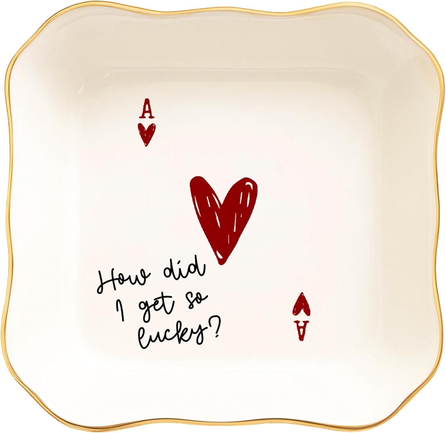 Funny Love Jewelry Dish with Heart Playing Card – “How Did I Get So Lucky?” Romantic Trinket Dish for Couples – Cute Anniversary, Valentine’s Day, Wedding Gift for Wife, Husband, Girlfriend, Boyfriend