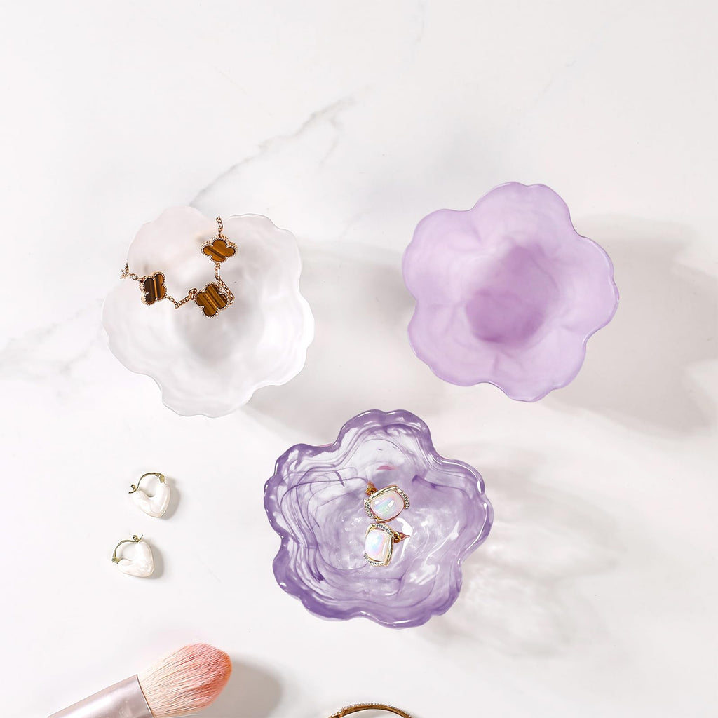 Purple Flower Jewelry Dish Glass Ring Holder Dish Jewelry Tray Cute Vanity Organizer Aesthetic Nightstand Bathroom Room Decor Trinket Dish Mothers Day Friendship Christmas Birthday Gifts for Women