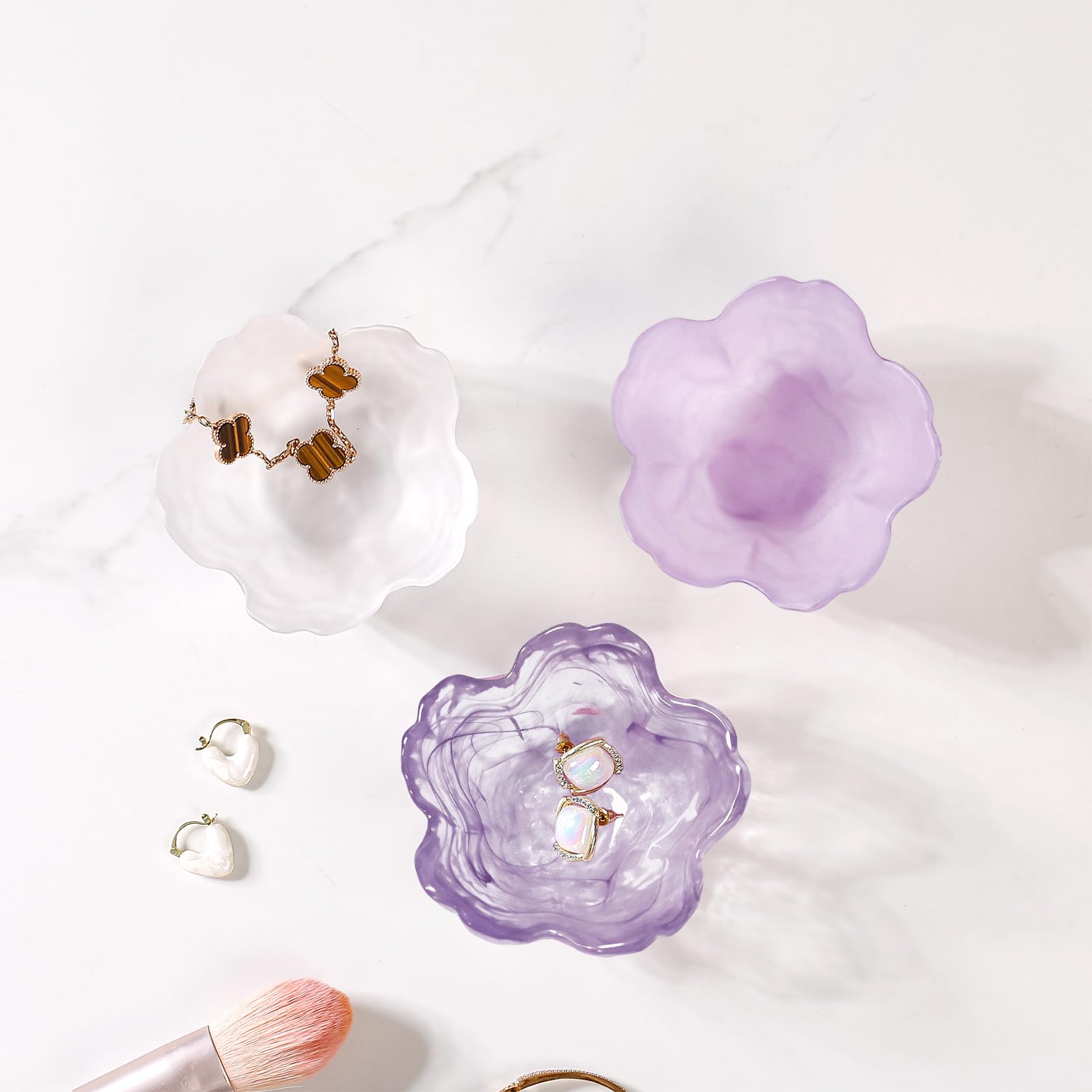 Purple Flower Jewelry Dish Glass Ring Holder Dish Jewelry Tray Cute Vanity Organizer Aesthetic Nightstand Bathroom Room Decor Trinket Dish Mothers Day Friendship Christmas Birthday Gifts for Women