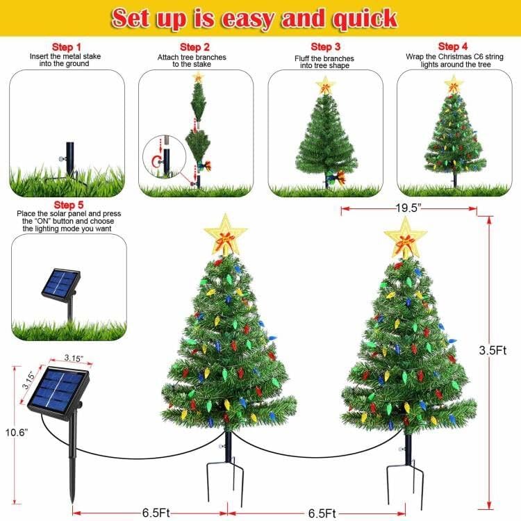 Upgraded Set of 2 Solar Christmas Tree, Outdoor Christmas Decorations,Prelit Xmas Tree w/ 100 LED Multi-color C6 String Lights for Outsdie Holiday Display Yard Front Porch Pathway Grave Cemetery Decor