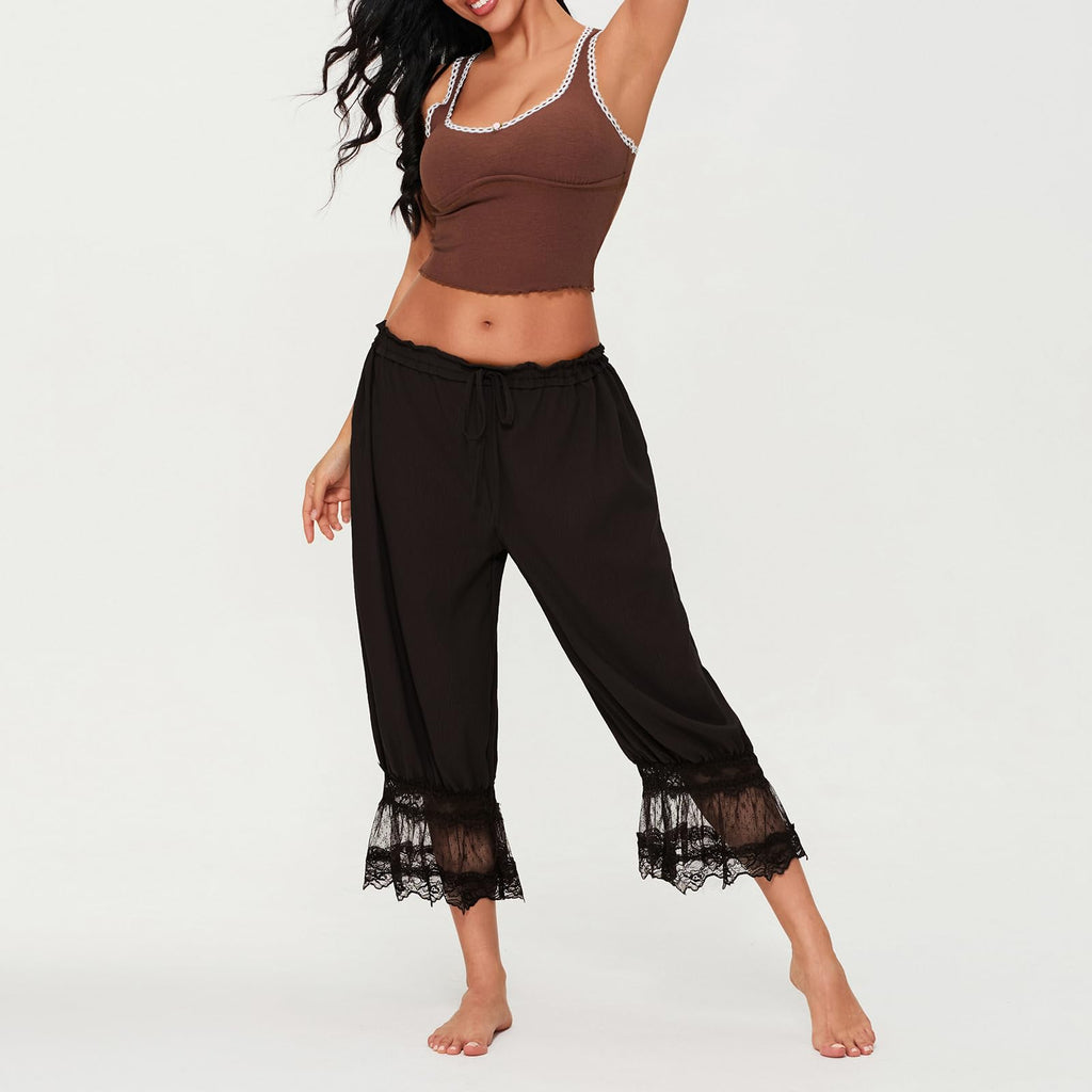 Women Lace Trim Long Bloomers Y2k Elastic Mid Rise Floral Ruffle Pantaloons Flared Slips Pants Pajama Bottoms