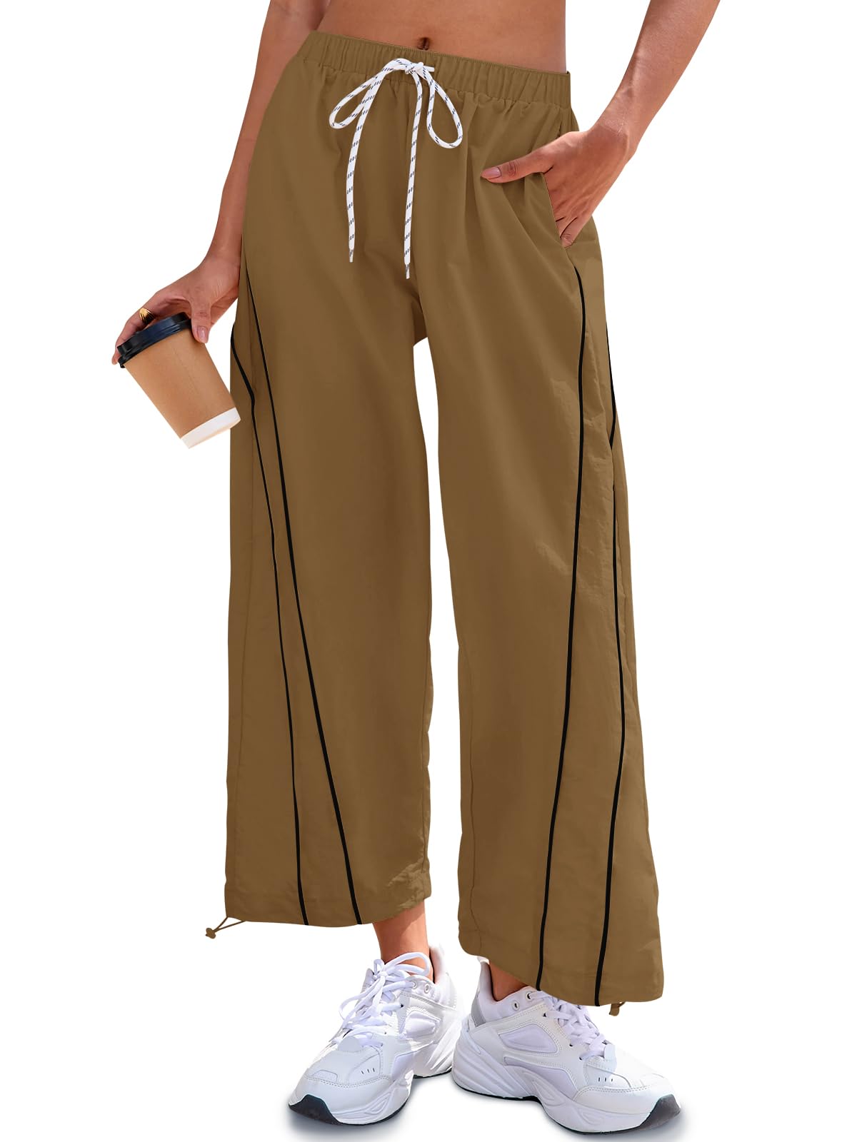 Fisoew Womens Baggy Wide Leg Pants Casual Elastic Waist Drawstring Hiking Workout Cropped Pants with Pockets