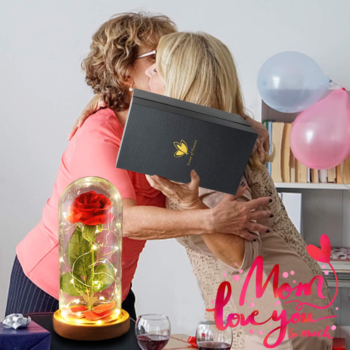 Beauty and The Beast Rose for Mom, Birthday Gifts for Women, Light Up Roses, Glass Dome Rose with LED Lights, Red Roses, Women's Gift for Mom Wife Grandmother