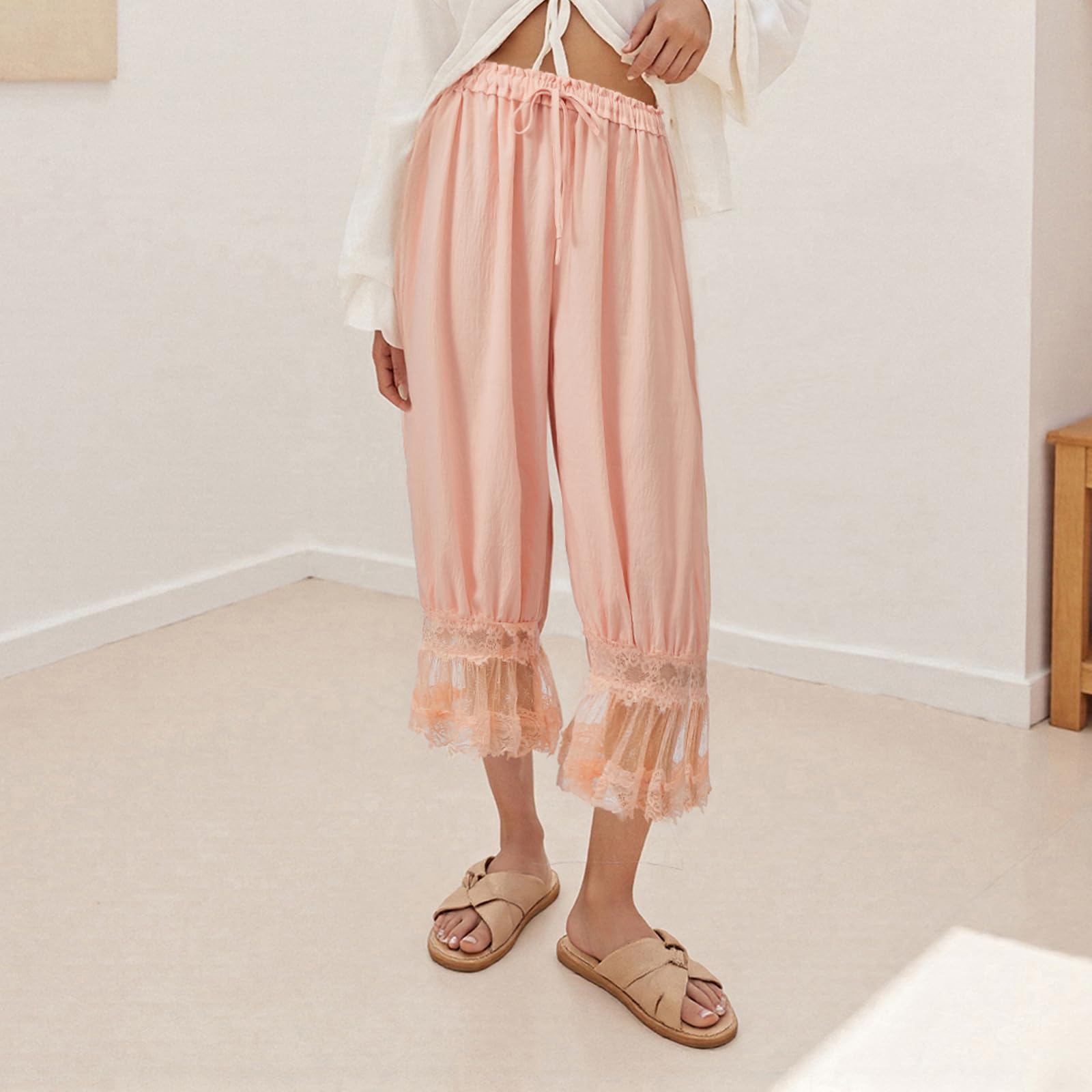 Women Lace Trim Long Bloomers Y2k Elastic Mid Rise Floral Ruffle Pantaloons Flared Slips Pants Pajama Bottoms