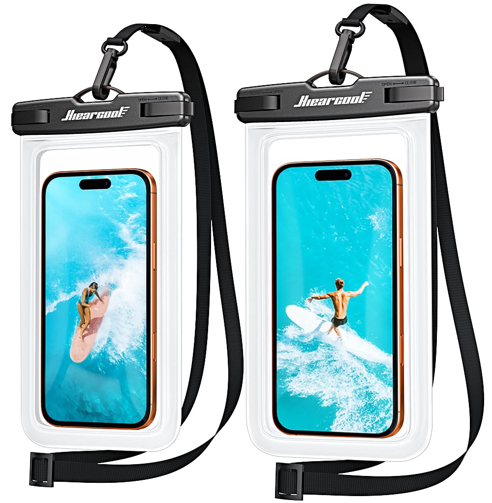 Hiearcool Waterproof Phone Pouch, IPX8 Waterproof Phone Case for iPhone 17/16/15/14 Pro Max, Cell Phone Dry Bag for Beach & Cruise Essentials, Touch Screen, Lanyard Included, 2 Pack (Fits Up to 8.9”)