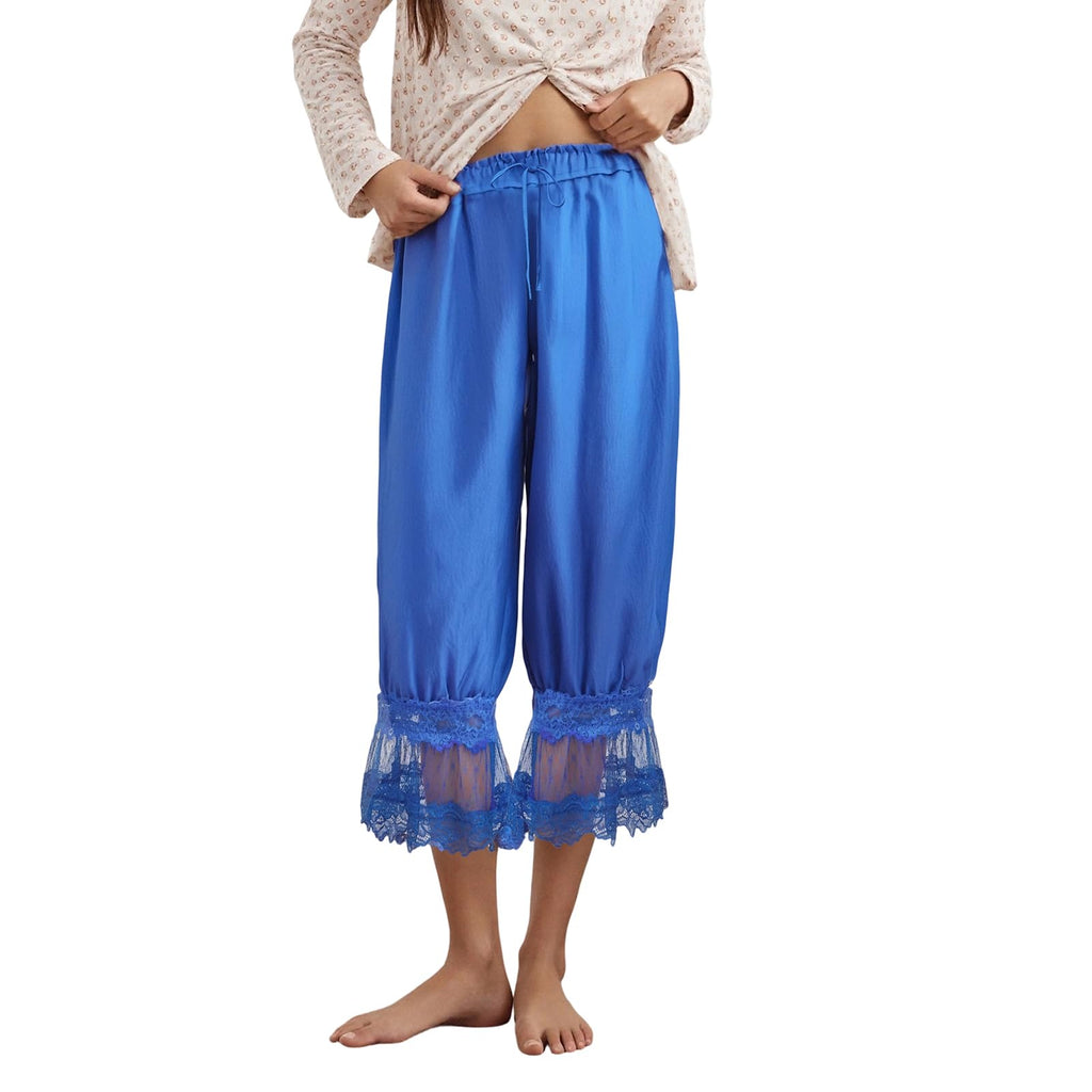 Women Lace Trim Long Bloomers Y2k Elastic Mid Rise Floral Ruffle Pantaloons Flared Slips Pants Pajama Bottoms